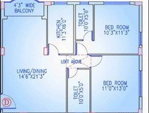 Floor plan of 2 BHK 1119 Sq. Ft. Apartment in Akshara Lotus Garden, Kolkata