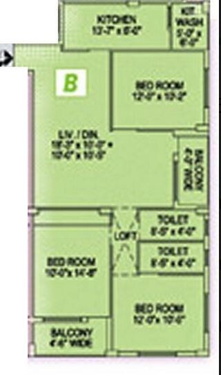 Floor plan of 3 BHK Apartment - 725 sq. ft. in Akshara Pearl, Kolkata