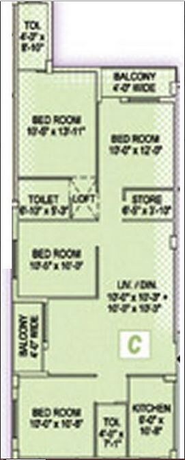 Floor plan of 4 BHK Apartment - 967 sq. ft. in Akshara Pearl, Kolkata