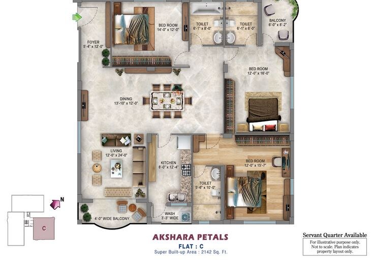 Floor plan of 3 BHK 2142 Sq. Ft. Apartment in Akshara Petals, Kolkata