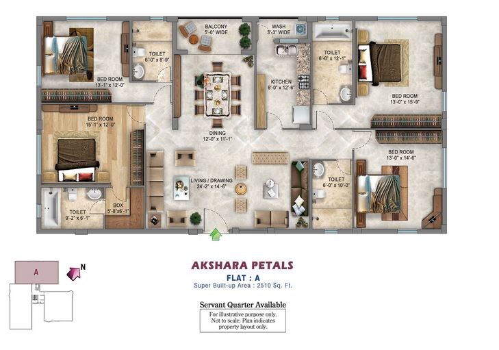 Floor plan of 4 BHK 2510 Sq. Ft. Apartment in Akshara Petals, Kolkata