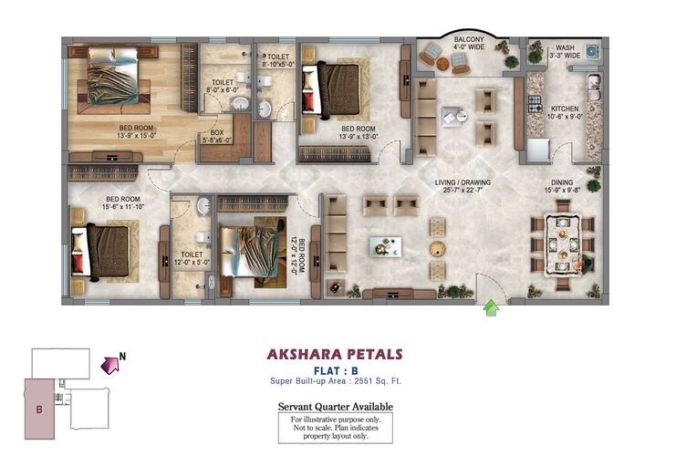 Floor plan of 4 BHK 2551 Sq. Ft. Apartment in Akshara Petals, Kolkata