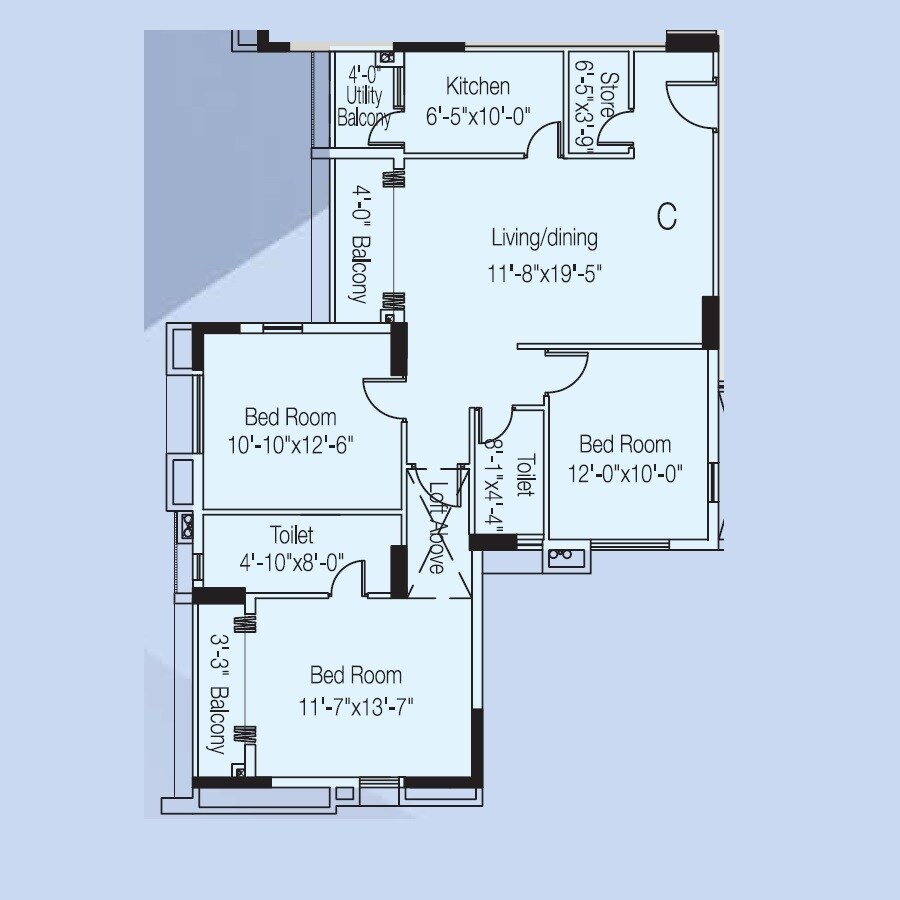 Floor plan of 3 BHK 1515 Sq. Ft. Apartment in Alcove Block 32, Kolkata
