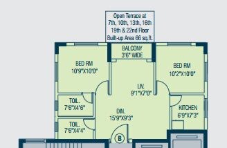 Floor plan of 2 BHK 878 Sq. Ft. Apartment in Alcove Flora Fountain, Kolkata
