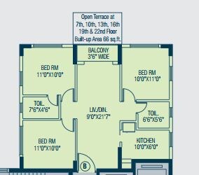 Floor plan of 3 BHK 1092 Sq. Ft. Apartment in Alcove Flora Fountain, Kolkata