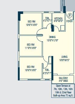 Floor plan of 3 BHK 1206 Sq. Ft. Apartment in Alcove Flora Fountain, Kolkata