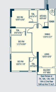 Floor plan of 3 BHK 1306 Sq. Ft. Apartment in Alcove Flora Fountain, Kolkata