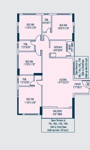 Floor plan of 4 BHK 1853 Sq. Ft. Apartment in Alcove Flora Fountain, Kolkata