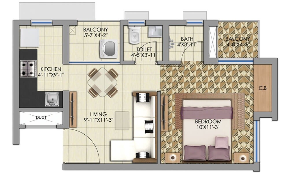 Floor plan of 1 BHK 540 Sq. Ft. Apartment in Alcove New Kolkata, Kolkata