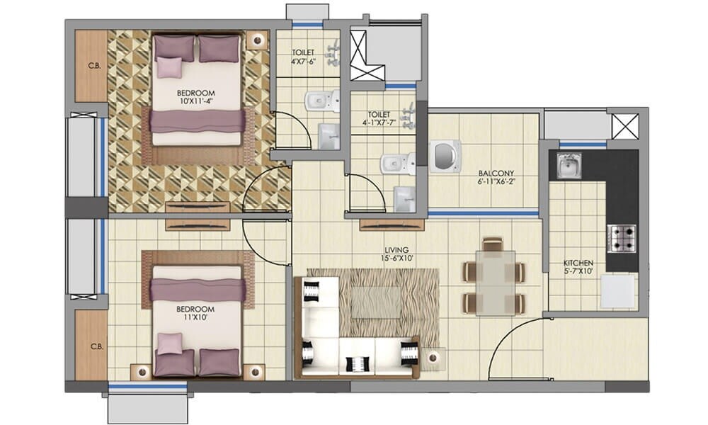 Floor plan of 2 BHK 884 Sq. Ft. Apartment in Alcove New Kolkata, Kolkata