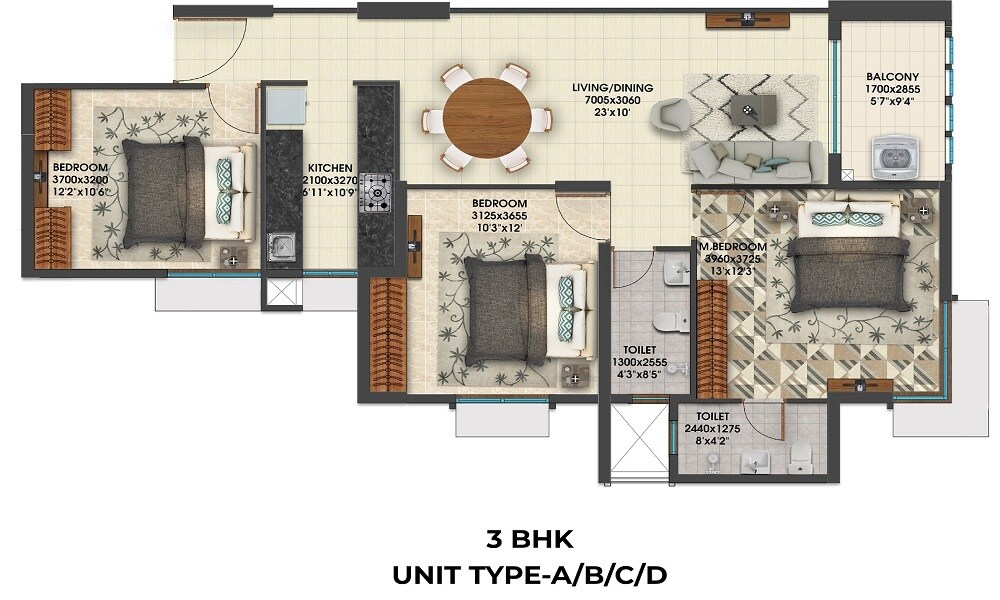 Floor plan of 3 BHK 1400 Sq. Ft. Apartment in Alcove New Kolkata, Kolkata