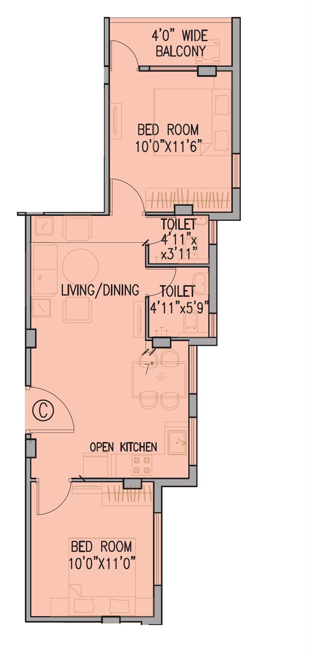 Floor plan of 2 BHK Apartment - 845 sq. ft. in Ambey Aastha, Kolkata