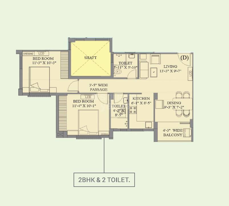 Floor plan of 2 BHK 1067 Sq. Ft. Apartment in Ambey Utsav, Kolkata