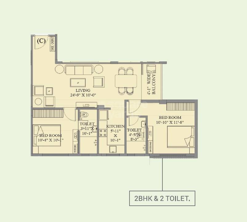 Floor plan of 2 BHK 977 Sq. Ft. Apartment in Ambey Utsav, Kolkata