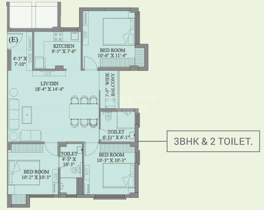 Floor plan of 3 BHK 1192 Sq. Ft. Apartment in Ambey Utsav, Kolkata