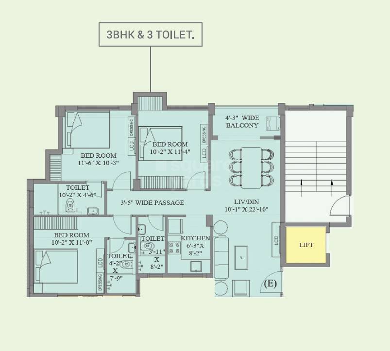 Floor plan of 3 BHK 1313 Sq. Ft. Apartment in Ambey Utsav, Kolkata