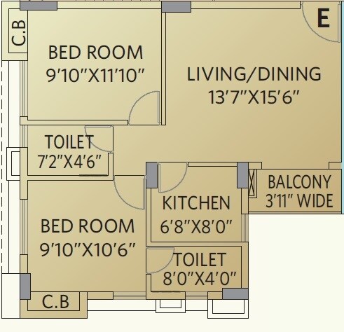 Floor plan of 2 BHK 600 Sq. Ft. Apartment in Ambika Icon, Kolkata