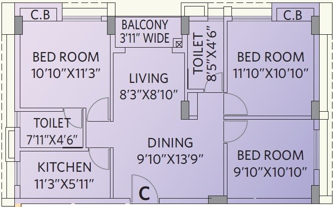 Floor plan of 3 BHK 786 Sq. Ft. Apartment in Ambika Icon, Kolkata