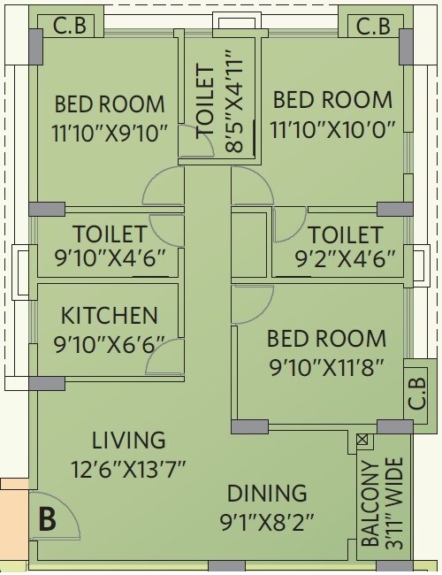 Floor plan of 3 BHK 916 Sq. Ft. Apartment in Ambika Icon, Kolkata