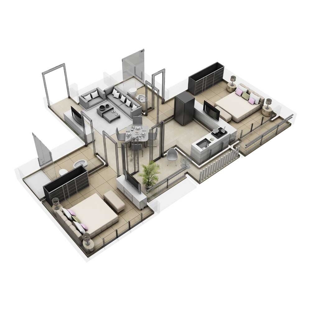 Floor plan of 2 BHK 996 Sq. Ft. Apartment in Ambuja Ecospace Residencia, Kolkata