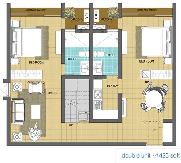Floor plan of 2 BHK 1425 Sq. Ft. Apartment in Ambuja Neotia Studio Mallika, Kolkata