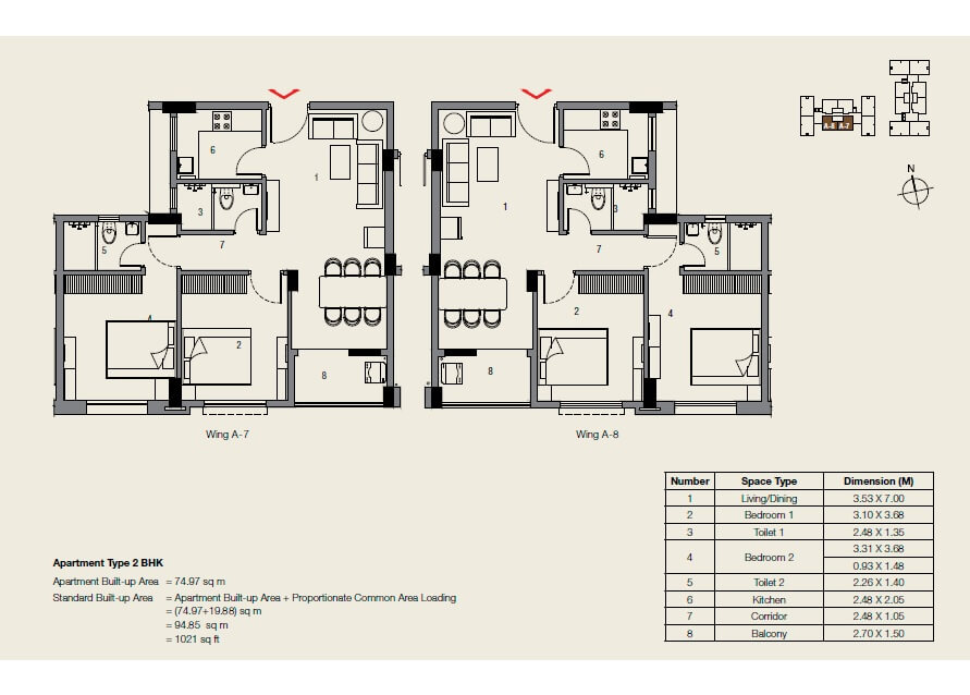 Floor plan of 2 BHK 1021 Sq. Ft. Apartment in Ambuja Neotia Udvita, Kolkata