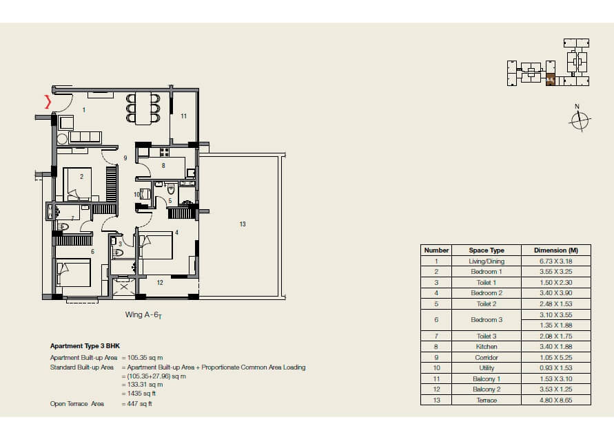 Floor plan of 3 BHK 1435 Sq. Ft. Apartment in Ambuja Neotia Udvita, Kolkata