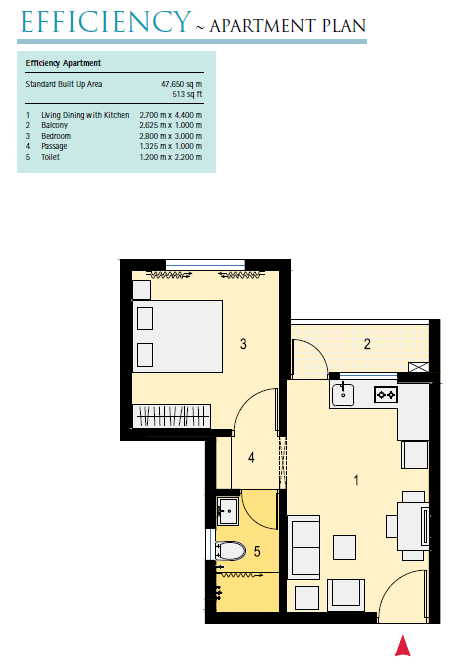 Floor plan of 1 BHK 513 Sq. Ft. Apartment in Ambuja Neotia Utalika The Condoville, Kolkata