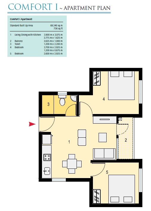 Floor plan of 2 BHK 736 Sq. Ft. Apartment in Ambuja Neotia Utalika The Condoville, Kolkata