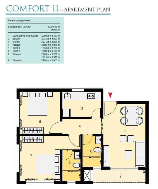 Floor plan of 2 BHK 968 Sq. Ft. Apartment in Ambuja Neotia Utalika The Condoville, Kolkata
