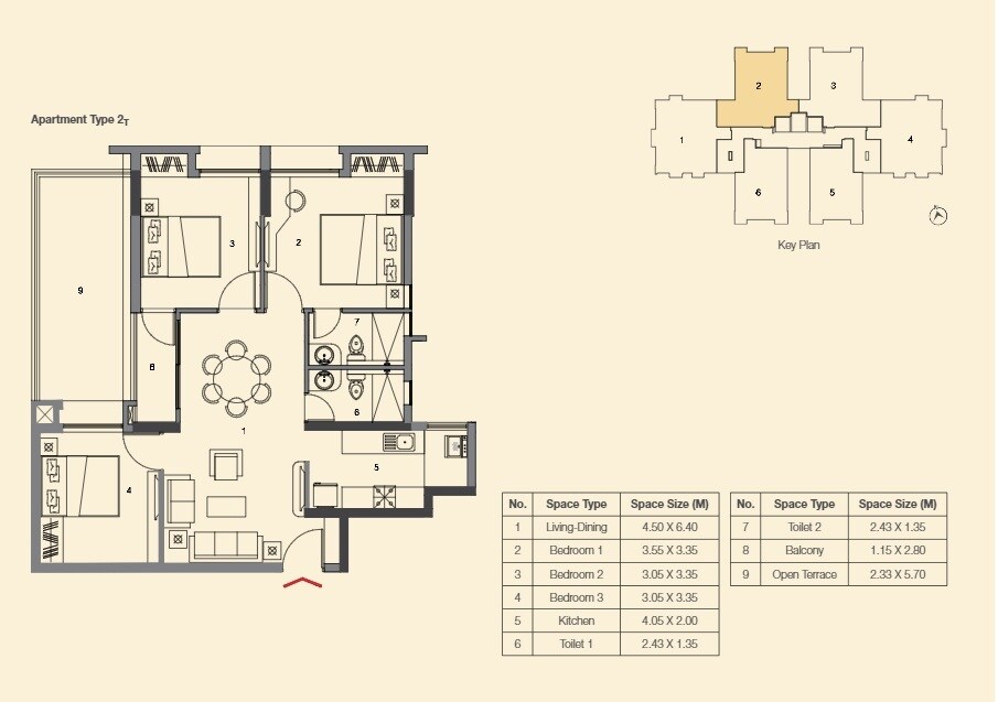 Floor plan of 3 BHK 1350 Sq. Ft. Apartment in Ambuja Uddipa The Condoville, Kolkata