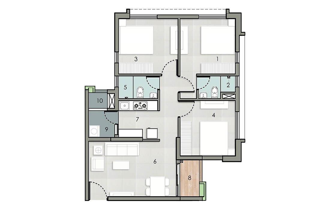 Floor plan of 3 BHK 645 Sq. Ft. Apartment in Ambuja Usshar, Kolkata