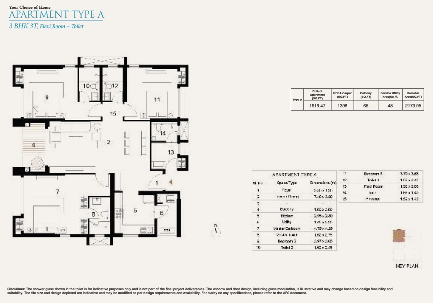 Floor plan of 3 BHK 2173 Sq. Ft. Apartment in Ambuja Utpalaa The Condoville, Kolkata