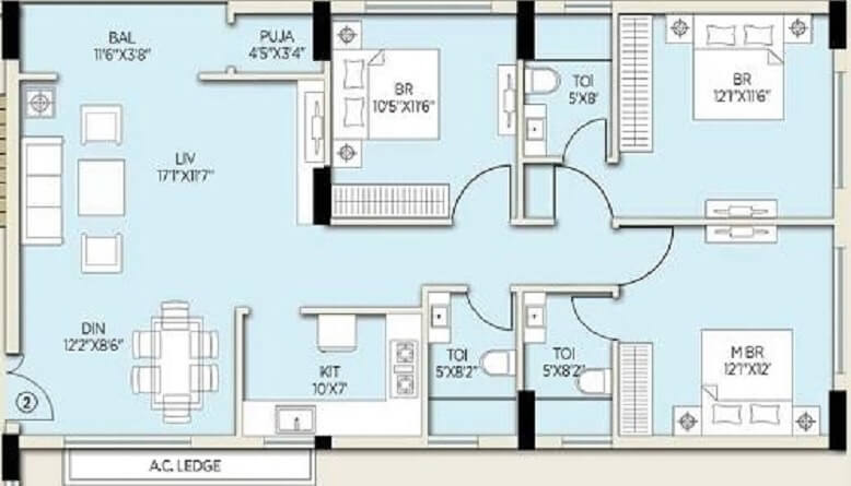 3 BHK 1631 Sq. Ft. Apartment