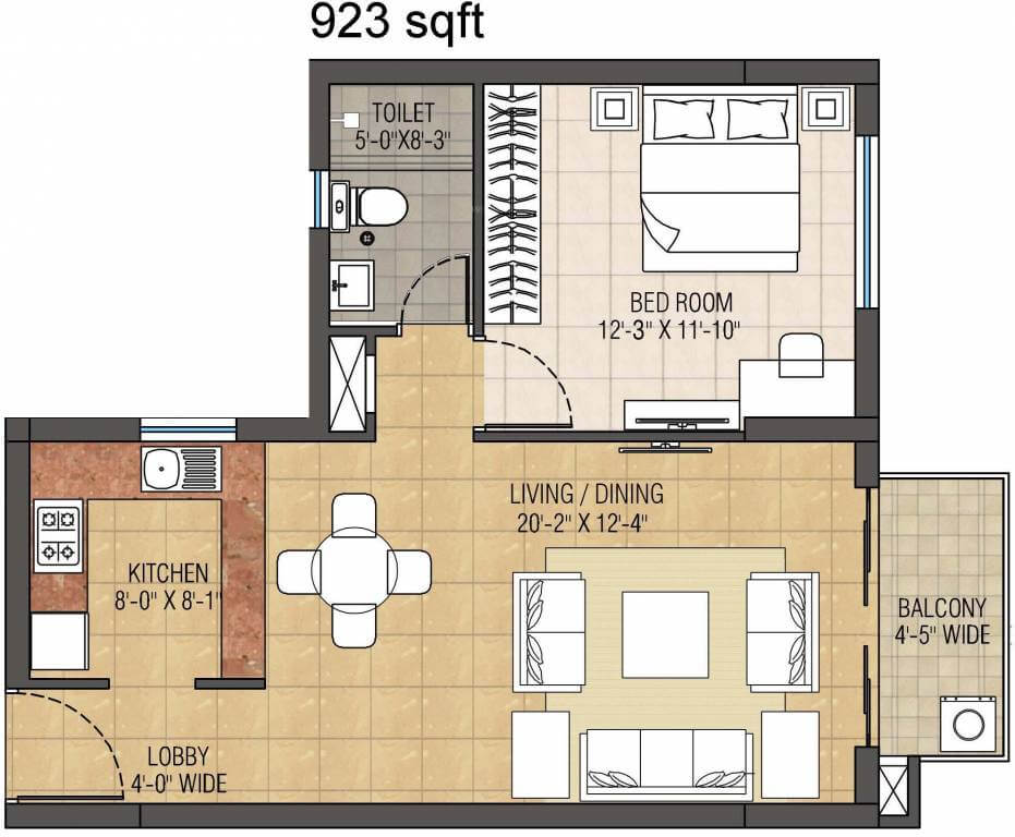 Floor plan of 1 BHK 923 Sq. Ft. Apartment in Anik One Rajarhat, Kolkata