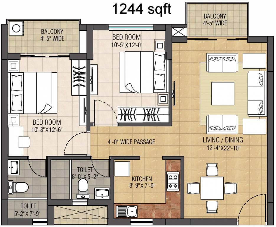 Floor plan of 2 BHK 1244 Sq. Ft. Apartment in Anik One Rajarhat, Kolkata