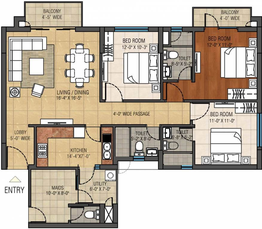 Floor plan of 3 BHK 1838 Sq. Ft. Apartment in Anik One Rajarhat, Kolkata
