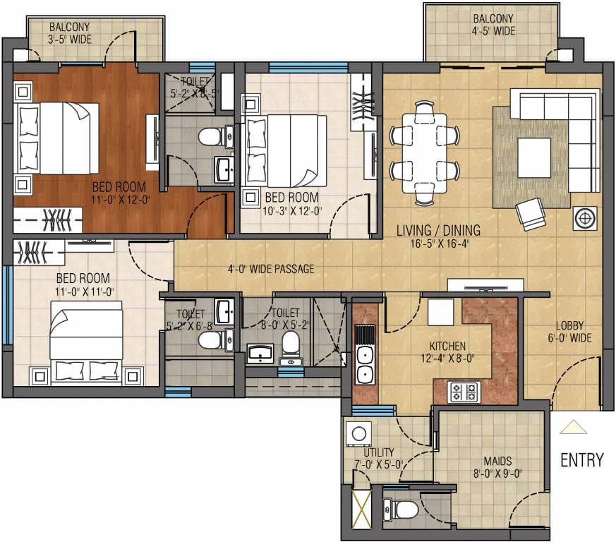 Floor plan of 3 BHK 1851 Sq. Ft. Apartment in Anik One Rajarhat, Kolkata