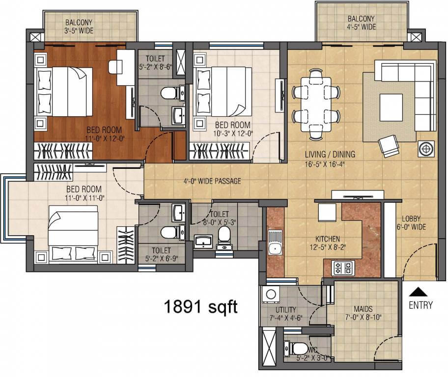Floor plan of 3 BHK 1891 Sq. Ft. Apartment in Anik One Rajarhat, Kolkata