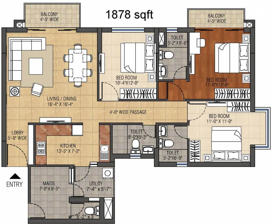 Floor plan of 3 BHK 1878 Sq. Ft. Apartment in Anik One Rajarhat, Kolkata