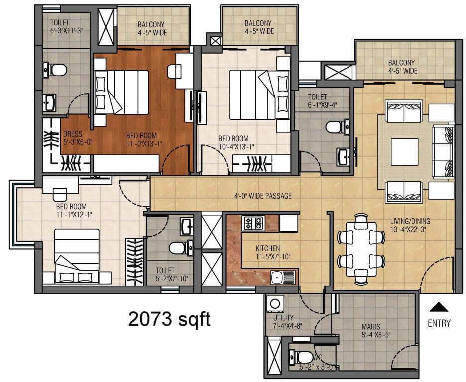 Floor plan of 3 BHK 2073 Sq. Ft. Apartment in Anik One Rajarhat, Kolkata