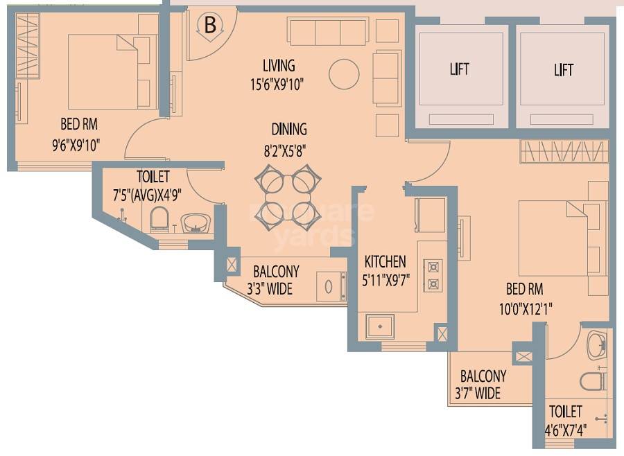 Floor plan of 2 BHK 939 Sq. Ft. Apartment in Arya Altamount, Kolkata