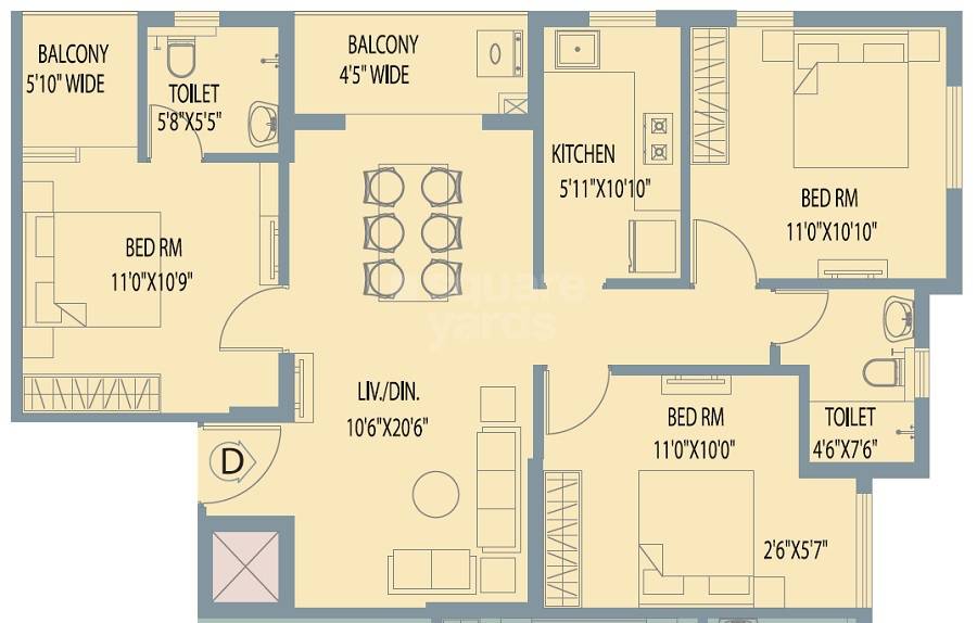 Floor plan of 3 BHK 1258 Sq. Ft. Apartment in Arya Altamount, Kolkata