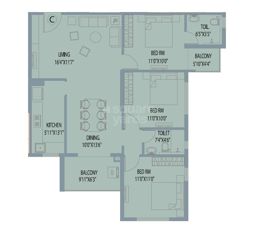 Floor plan of 3 BHK 1373 Sq. Ft. Apartment in Arya Altamount, Kolkata