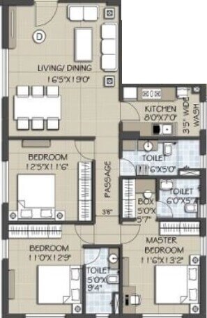 Floor plan of 3 BHK 1799 Sq. Ft. Apartment in Arya Ananta, Kolkata