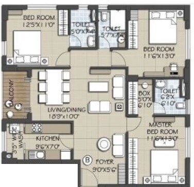 Floor plan of 3 BHK 1857 Sq. Ft. Apartment in Arya Ananta, Kolkata
