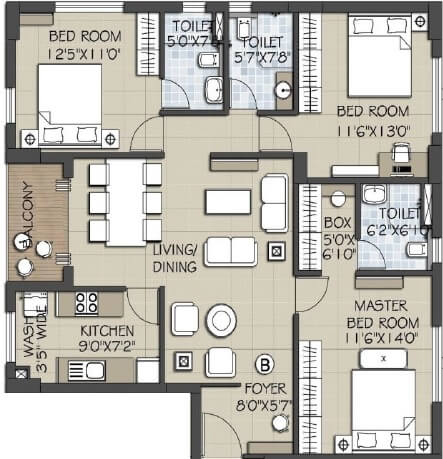 Floor plan of 3 BHK 1879 Sq. Ft. Apartment in Arya Ananta, Kolkata