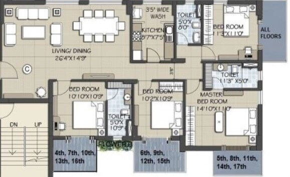 Floor plan of 4 BHK 2217 Sq. Ft. Apartment in Arya Ananta, Kolkata