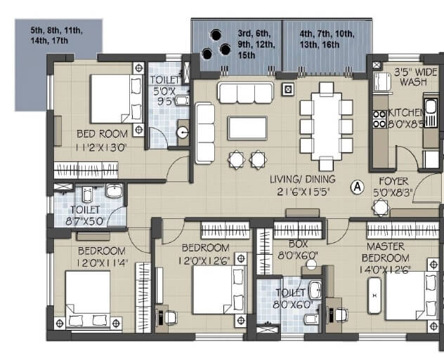 Floor plan of 4 BHK 2246 Sq. Ft. Apartment in Arya Ananta, Kolkata