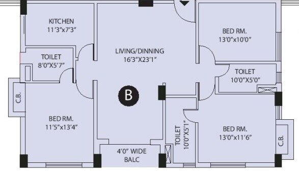 Floor plan of 3 BHK 1733 Sq. Ft. Apartment in Arya Park Imperial, Kolkata
